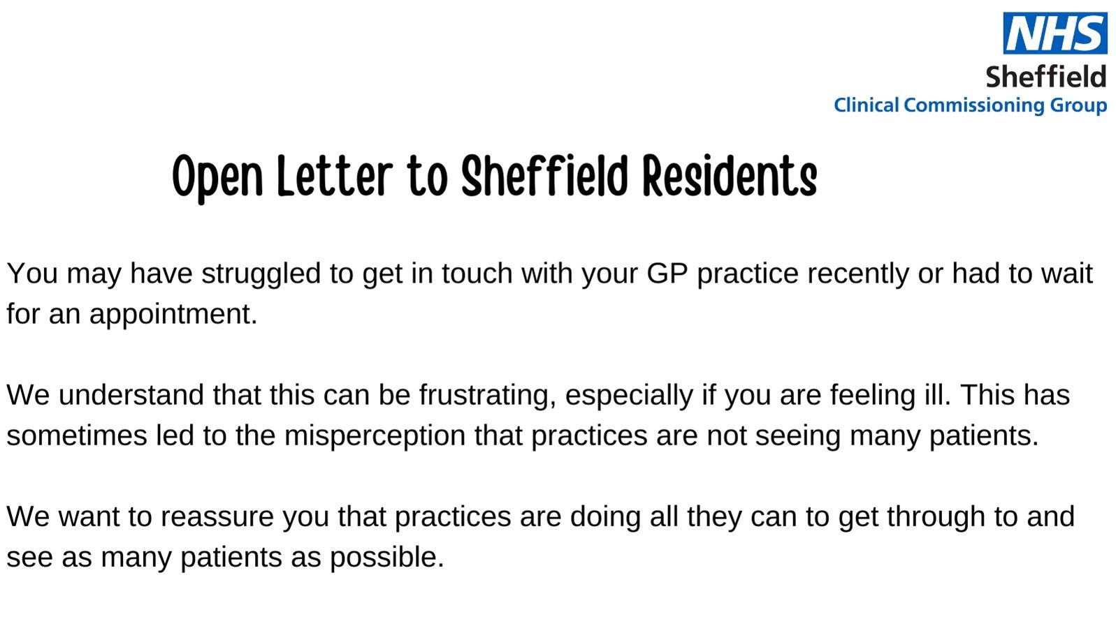 Open Letter to Sheffield Residents